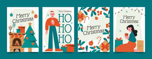 Flat christmas greeting card template with people at home