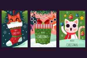 Бесплатное векторное изображение Коллекция плоских рождественских поздравительных открыток с кошкой и чулком