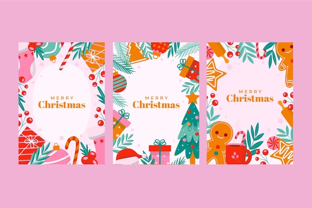 Free vector flat christmas greeting cards collection with presents and gingerbread man