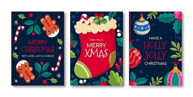 Flat christmas greeting cards set