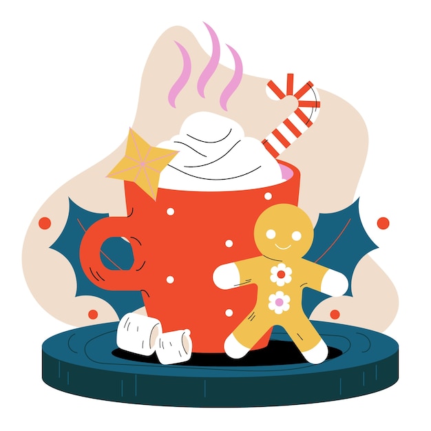 Плоская рождественская иллюстрация горячего шоколада