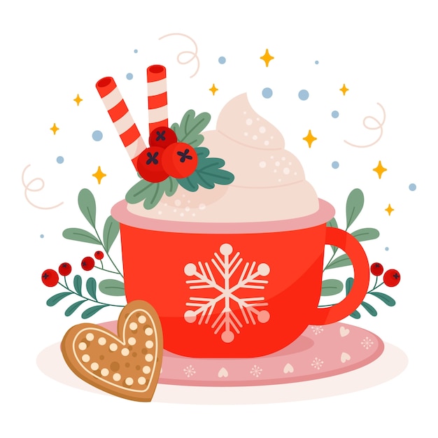 Бесплатное векторное изображение Плоская рождественская иллюстрация горячего шоколада