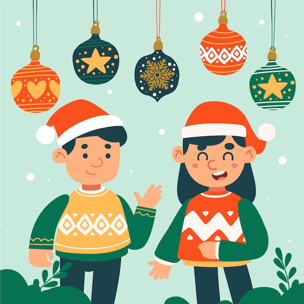 Flat christmas illustration with people celebrating