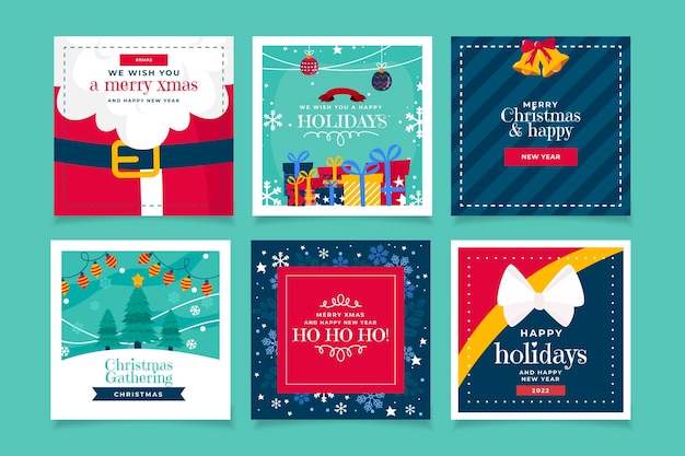 Free vector flat christmas instagram posts collection