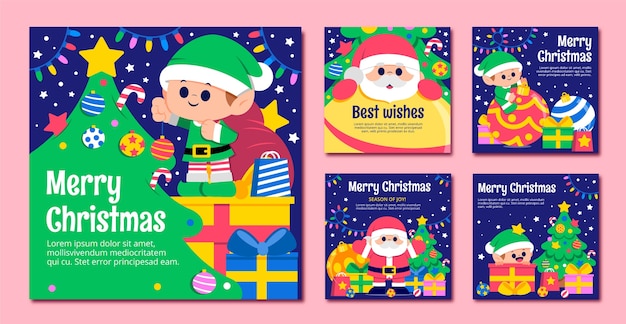 Free vector flat christmas instagram posts collection