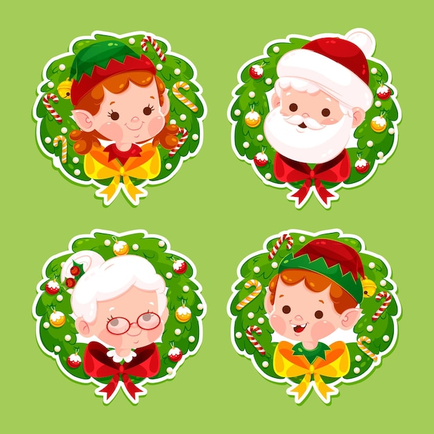 Free vector flat christmas labels collection with characters