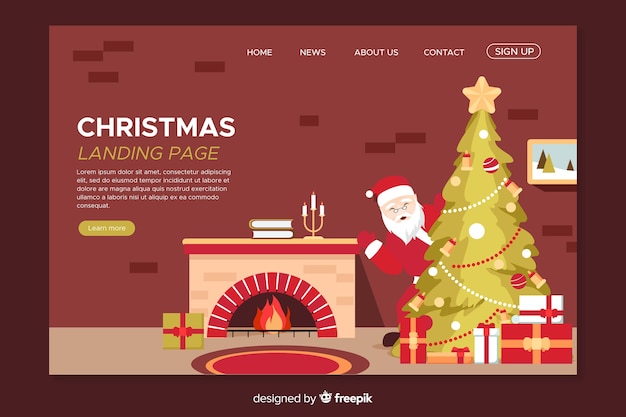 Flat christmas landing page with fireplace