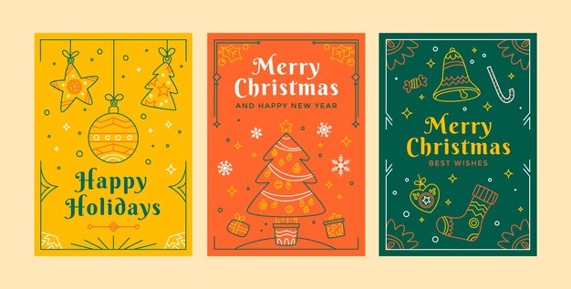 Free vector flat christmas line art cards collection