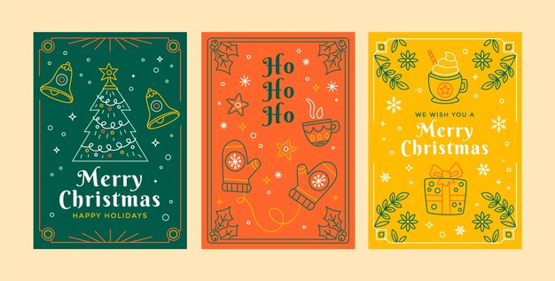 Flat christmas line art cards collection