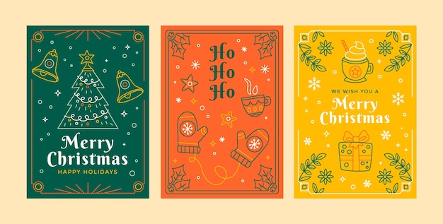 Flat christmas line art cards collection