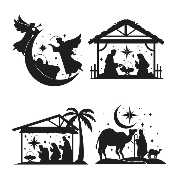 Flat christmas nativity scene silhouette