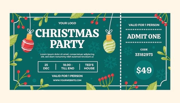 Free vector flat christmas party ticket template