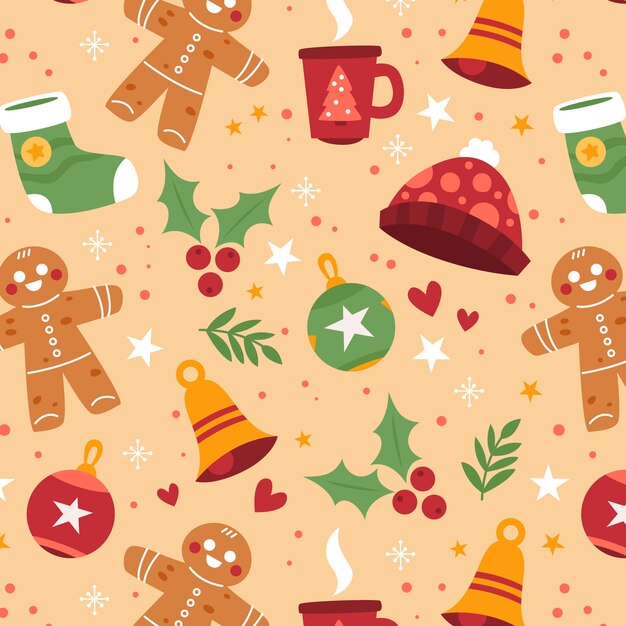 Flat christmas pattern design with bells and gingerbread man
