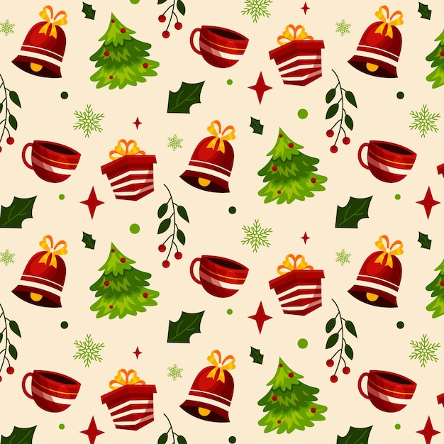컵과 종소리가 포함된 플랫 크리스마스 패턴 디자인