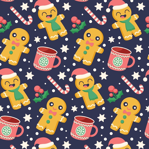 Flat christmas pattern design with gingerbread men and mugs