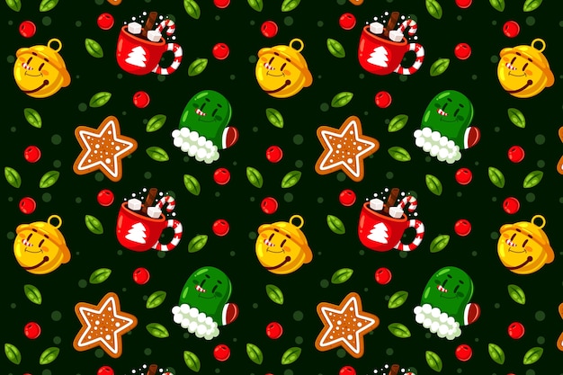 Free vector flat christmas pattern design with lights and bells