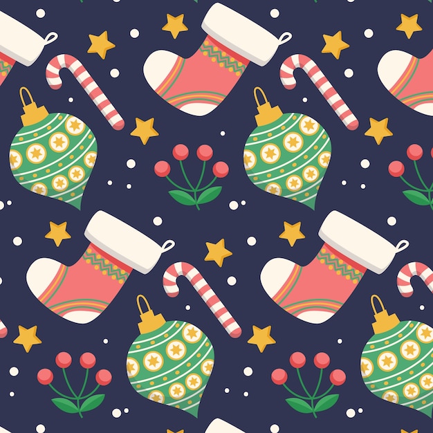 Flat christmas pattern design with ornaments and stockings