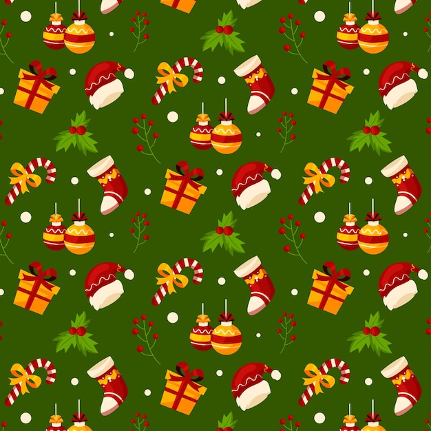 無料ベクター プレゼントと靴下を使ったフラットなクリスマスパターンデザイン