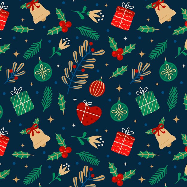 Flat christmas pattern design with presents and mistletoe