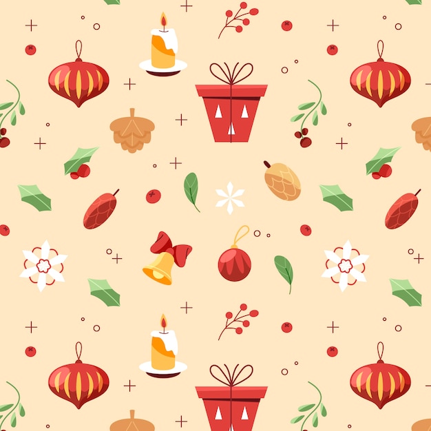 Flat christmas pattern design with presents and ornaments