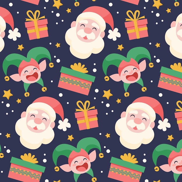 Free vector flat christmas pattern design with santa and elf