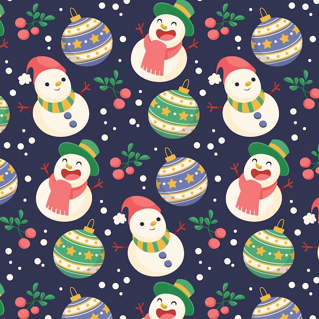 눈사람과 싸구려를 사용한 플랫 크리스마스 패턴 디자인