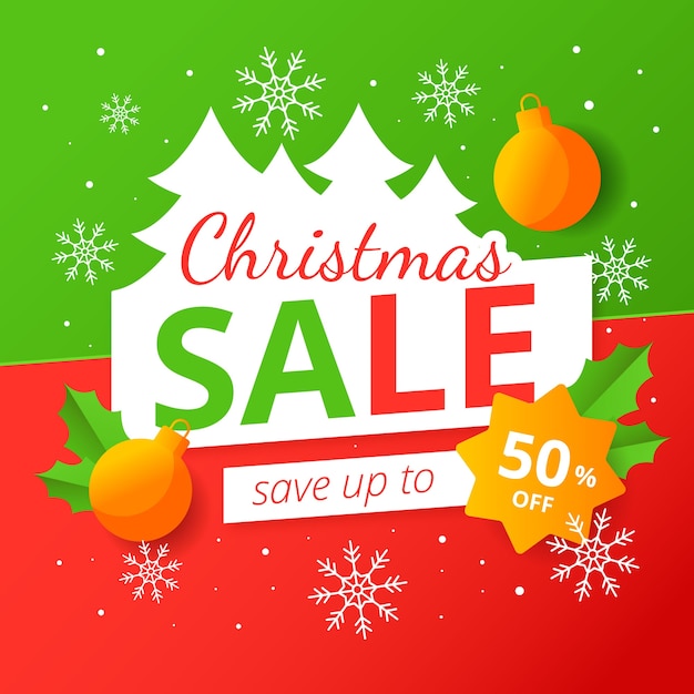 Бесплатное векторное изображение Плоская рождественская распродажа с золотыми елочными шарами