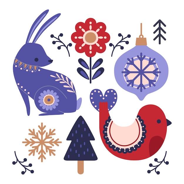 Бесплатное векторное изображение Коллекция плоских рождественских скандинавских элементов