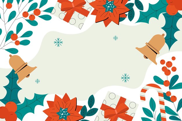 Бесплатное векторное изображение Плоский рождественский фон с колокольчиками и цветами