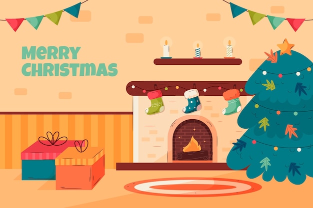 Free vector flat christmas season background with fireplace and presents