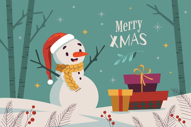 Flat christmas season background with snowman and gifts