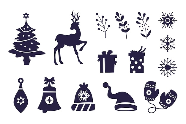 Бесплатное векторное изображение Плоский силуэт элементов рождественского сезона