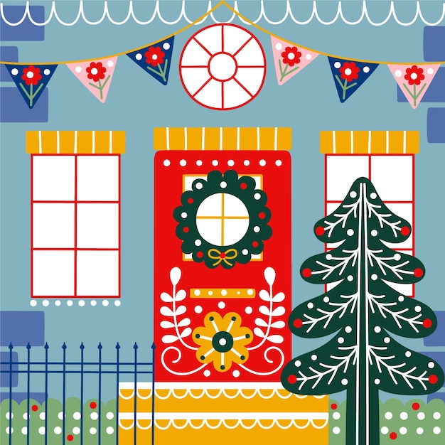 Free vector flat christmas season house door illustration