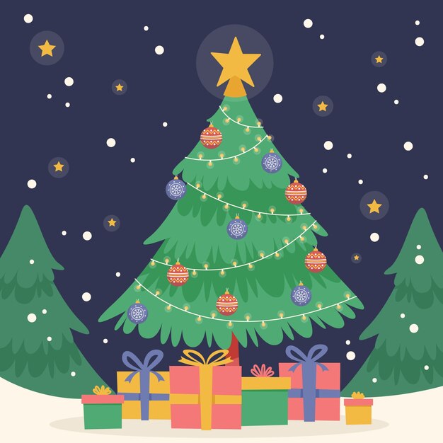 Flat christmas season illustration with gifts under tree