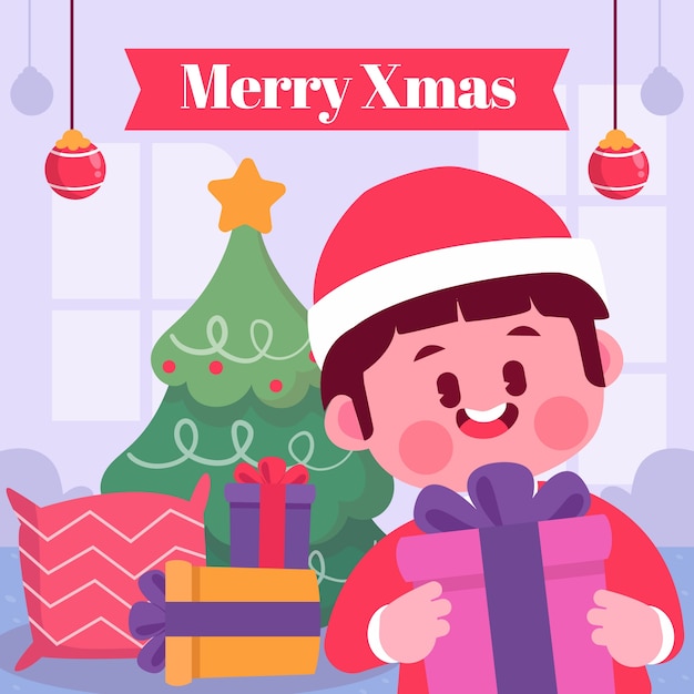 Flat christmas season illustration with kid holding present