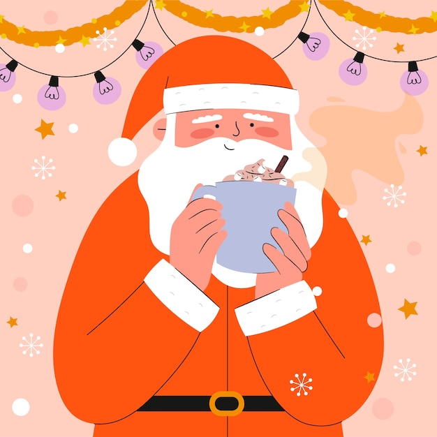 Vettore gratuito illustrazione piatta della stagione natalizia con babbo natale che beve cioccolata calda