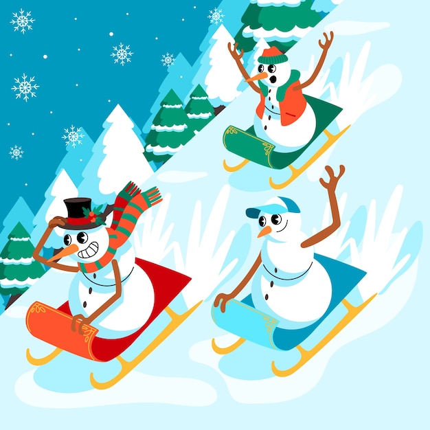 Бесплатное векторное изображение Плоская рождественская иллюстрация со снеговиками на санях