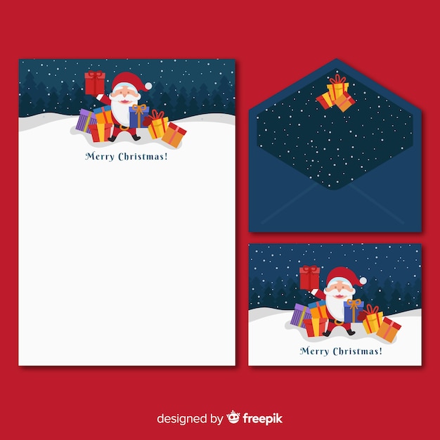 Free vector flat christmas stationery template with santa claus