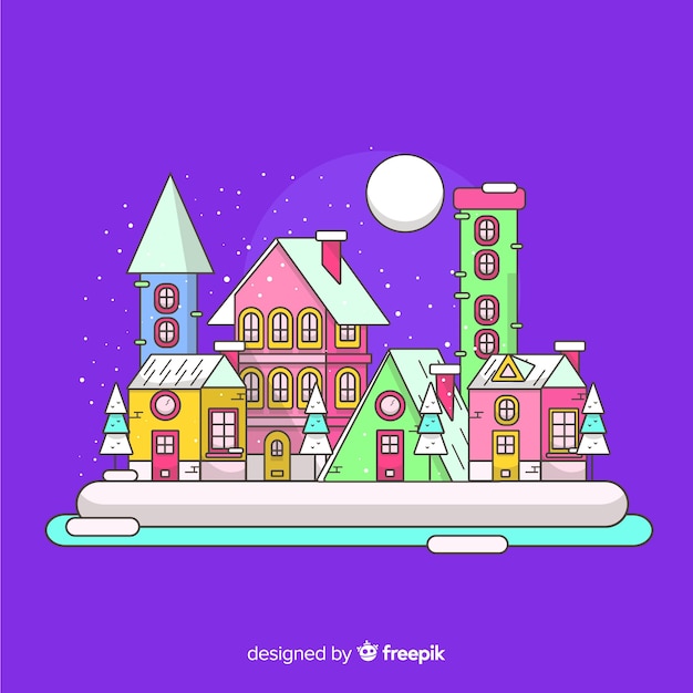 Free vector flat christmas town on a full moon night