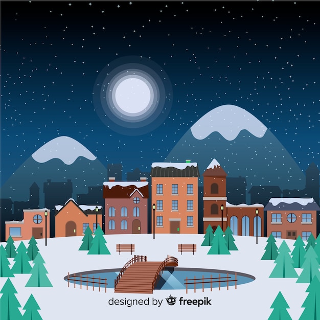 Free vector flat christmas town on a starry night with mountains