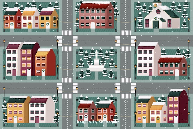 Free vector flat christmas town with houses and streets