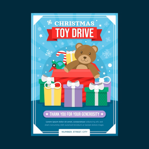 Free vector flat christmas toy drive vertical poster template