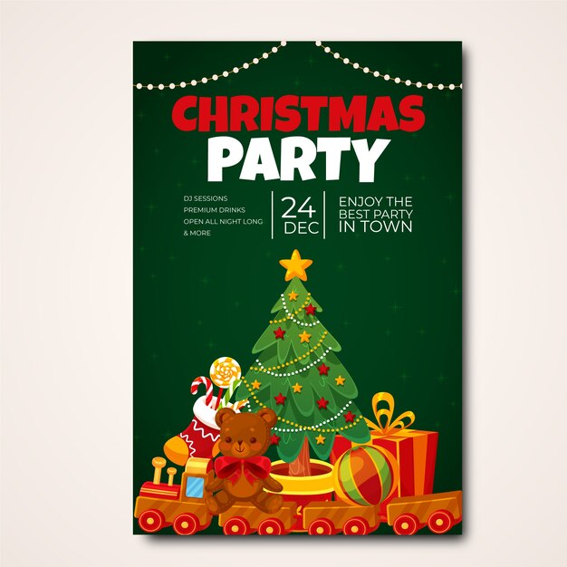 플랫 크리스마스 장난감 드라이브 수직 포스터 템플릿
