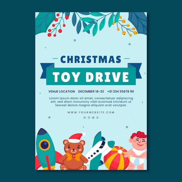 Flat christmas toy drive vertical poster template