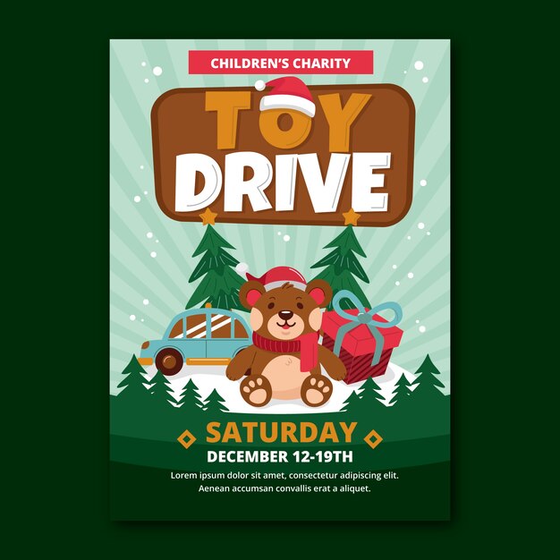 Flat christmas toy drive vertical poster template