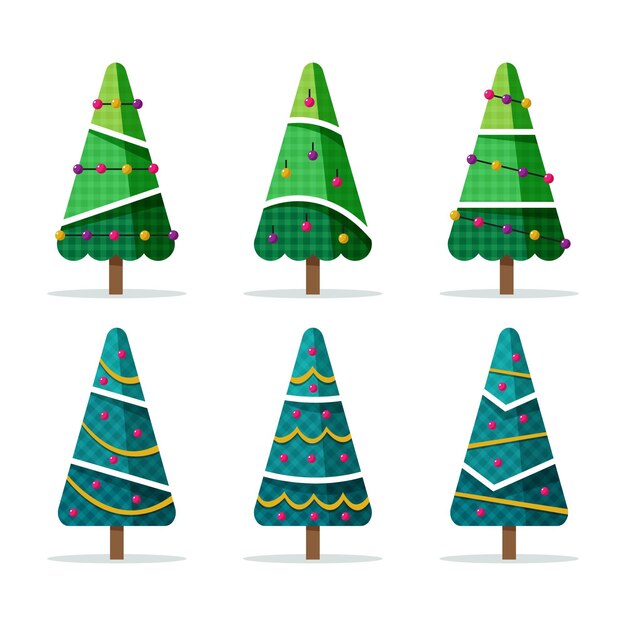 Flat christmas trees with ornaments set