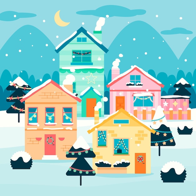 Flat christmas village illustration