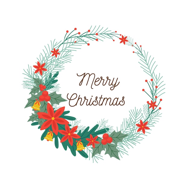 Бесплатное векторное изображение Плоский рождественский венок и текст поздравления с рождеством