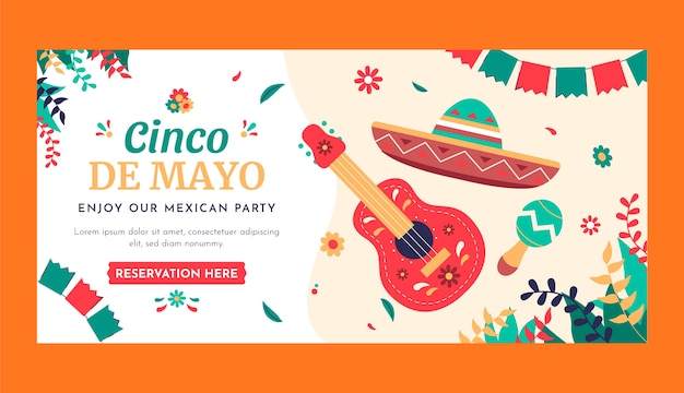 Free vector flat cinco de mayo horizontal banner template with guitar and hat