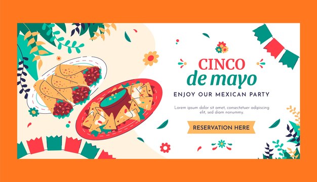 Flat Cinco De Mayo Horizontal Banner Template With Tacos And Burritos